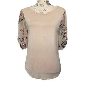 Willow Mesh‎ Puff Sleeve Floral Tan Top Boho Fairy Cottagecore Size Medium